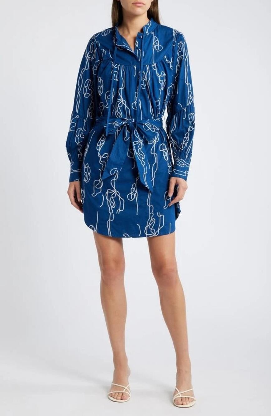 Ciebon Lined Blue Embroidered Long Sleeve Cotton Dress Small NWT